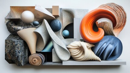 Poster - Abstract art sculpture with various shapes, textures, and colors.