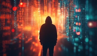 mysterious hacker silhouetted in abstract binary code background with light effects - tech-themed gr