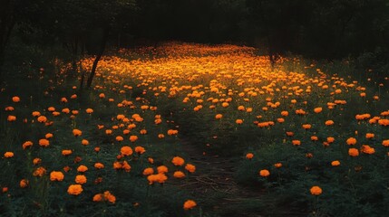 Wall Mural - Orange Flowers Illuminating A Dark Forest Path