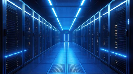 futuristic server room with glowing blue led lights reflecting on the polished floor, creating a hig