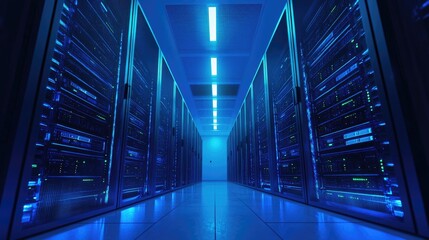 Aufkleber - High-tech server room with blue LED lighting reflecting on the floor, showcasing advanced digital infrastructure. Perfect for cloud computing, cybersecurity, AI, and data storage concepts