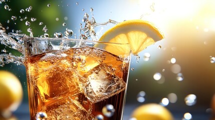 Wall Mural - Iced tea with lemon in glass, splashing, summer.