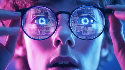 Close-up of person wearing glasses reflecting digital data, showing surprise.