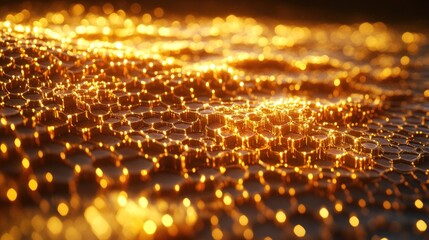 Golden hexagonal abstract background with bokeh lights.