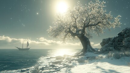 Wall Mural - snowy winter seascape with a lone tree and distant sailboat under a bright sun.