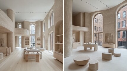 Poster - Minimalist interior design of a light beige spacious showroom with arched windows, wooden floors, and sculptural furniture.