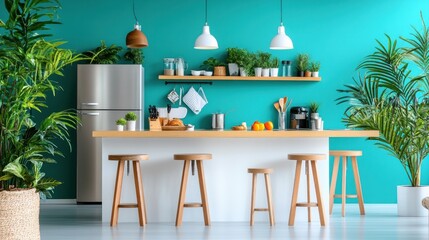 Poster - Modern kitchen with teal wall, island, stools, plants, and stainless steel appliances.