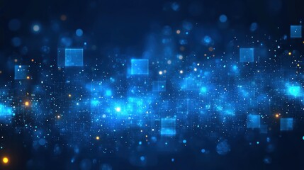 Fototapete - Abstract blue background with glowing particles and squares.
