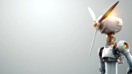 Futuristic robot with wind turbine head, isolated on light grey background.