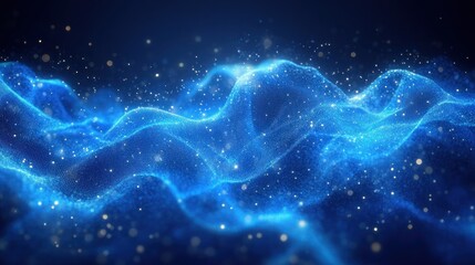 Poster - Abstract blue glowing wave particles background.
