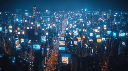 Wall Mural - Night cityscape with countless illuminated billboards and skyscrapers.