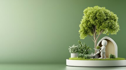 Wall Mural - Miniature gardener tending plants near a tree on a circular platform against a green background.