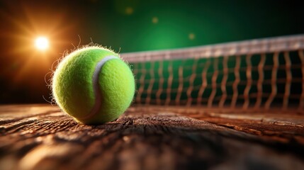 Tennis ball on wooden surface near net, dramatic lighting.