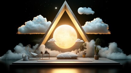 Wall Mural - Surreal moonlit bedroom scene with clouds, plants, and minimalist furniture.