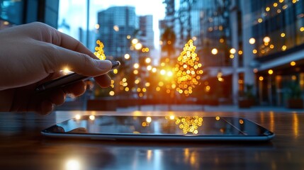 Wall Mural - Person using tablet and phone outdoors at night.