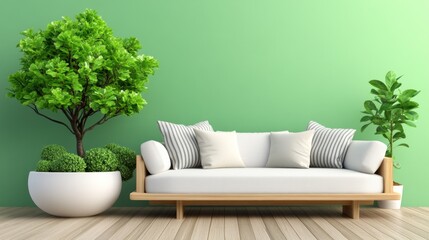 Poster - Modern minimalist living room with white sofa, green wall, and potted plants.