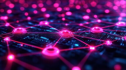 abstract digital network connection with glowing nodes and lines on a circuit board.