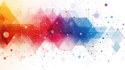 Aufkleber - Abstract colorful geometric design with interconnected shapes and particles on white background.