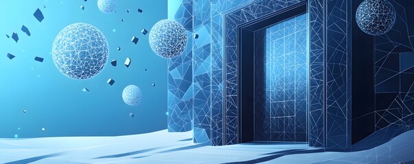 Wall Mural - abstract geometric landscape with spheres cubes and architectural structure