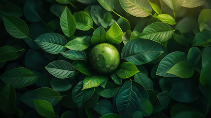 Wall Mural - earth nestled in lush green leaves symbolizing environmental care and sustainability