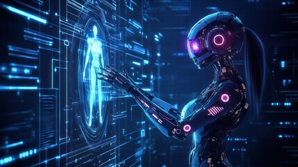 Female robot interacts with holographic human body on a digital interface, futuristic technology concept.