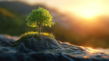 Wall Mural - panoramic view of a small tree growing with the sunrise symbolizing a green world and earth day