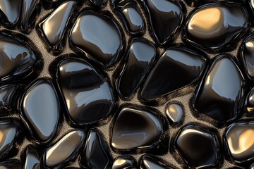 Wall Mural - Seamless Gold Obsidian smooth, glossy black stones arranged on a sandy surface, reflecting light.