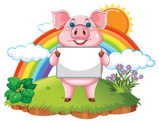 Wall Mural - Happy Pig with Rainbow Sign