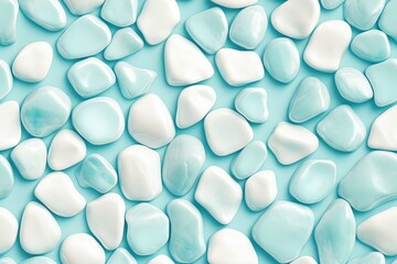 Seamless White Turquoise vibrant arrangement of smooth, glossy pebbles in shades of turquoise and white, set against a light blue background. The pebbles vary in size and shape.