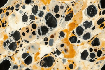 Wall Mural - Seamless Dalmatian Jasper colorful stone surface featuring a mix of black, white, and orange hues with circular patterns and textures.