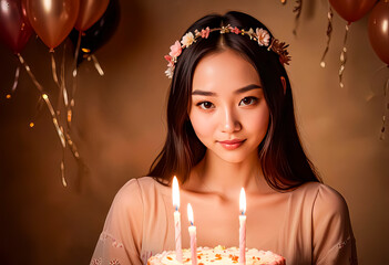 Beautiful young woman celebrating birthday with cake and candles