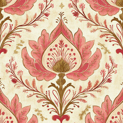 Wall Mural - A floral patterned wallpaper with pink flowers and leaves