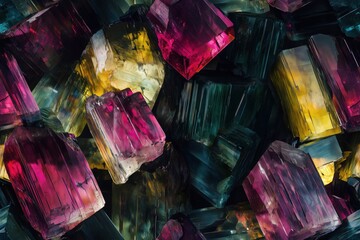 Wall Mural - Seamless Tourmaline view of colorful crystals, showcasing a variety of hues including pink, green, and yellow. The crystals have a translucent quality and are arranged in a chaotic yet.