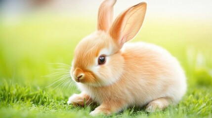 Adorable fluffy rabbit sitting on green grass in sunny environment