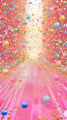 A vibrant pathway filled with colorful confetti and balloons, creating a festive atmosphere, leading towards a bright, glowing light.