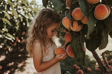 A little girl picks peaches from a peach tree on a summer farm. Children play and pick fruits on a sunny day during their vacation