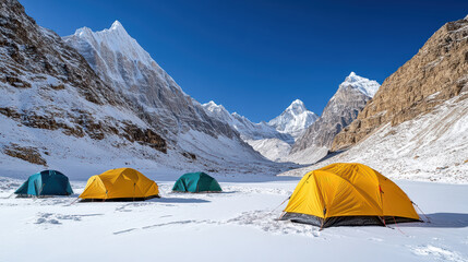 Sticker - Cozy base camp with colorful tents in snowy mountain landscape