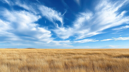 Sticker - vast grassy plain under bright blue sky with wispy clouds