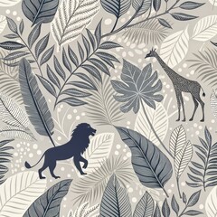 Wall Mural - Wildlife pattern design featuring lion and giraffe in tropical foliage digital artwork nature theme calm environment