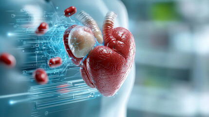 Aufkleber - digital representation of human heart with AI technology highlights early stage vascular conditions, showcasing futuristic medical advancements
