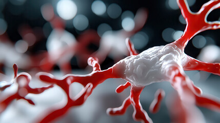 Poster - close up view of futuristic synthetic blood vessel network, showcasing intricate red and white structures against blurred background