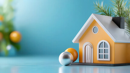 Aufkleber - small yellow house model with white roof is placed against blue background, accompanied by decorative spheres and green foliage, creating festive atmosphere