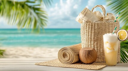 Wall Mural - A relaxing scene featuring a rolled up beach mat a stylish straw tote bag and a refreshing coconut drink resting on a wooden boardwalk