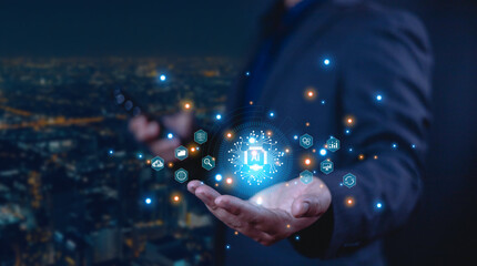 Businessman using smartphone with technology AI, An virtual icon displayed on hand, Ai technology, Artificial Intelligence helps user work or search better, digital, software