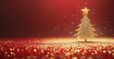 Wall Mural - golden glittering christmas tree with a star on a sparkling red background, radiating festive warmth