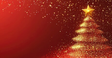 Wall Mural - golden glittering christmas tree with a radiant star on a red background, surrounded by sparkling pa