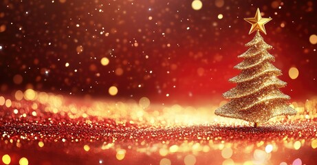 Wall Mural - golden glitter christmas tree with a shining star on a red background, surrounded by sparkling light