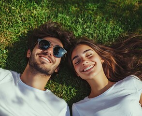 Wall Mural - A happy couple lying on the lawn, enjoying sunshine and nature together with big smiles.