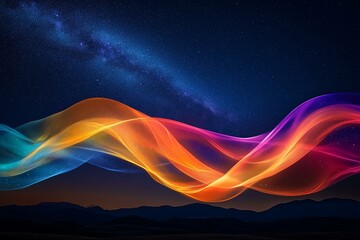 Wall Mural - Vibrant Colorful Wave Across Starry Night Sky Over Silhouetted Mountains