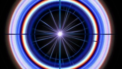 Poster - Vibrant circular light burst with blue and pink neon streaks radiating from the center on a black background. Futuristic technology and energy concept